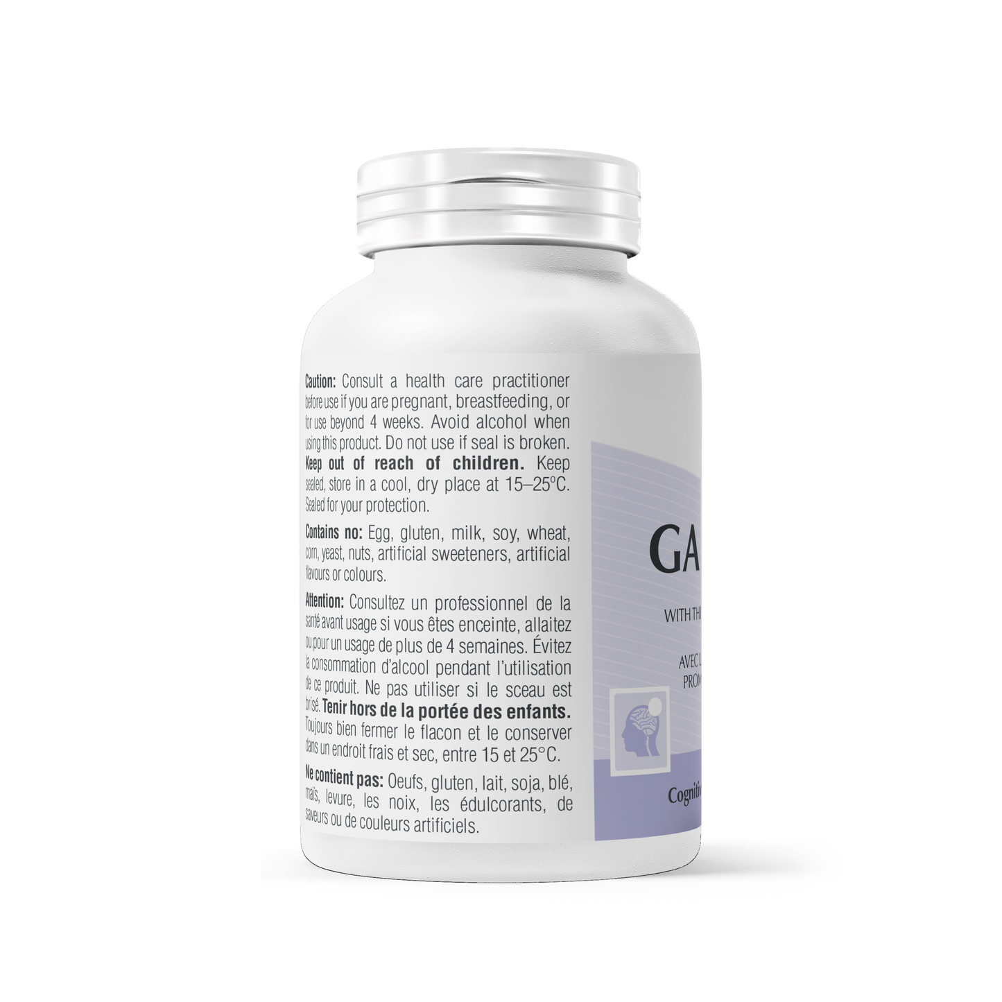 GABA Complex (night) supplement bottle supporting relaxation and mental calm in a cool setting.