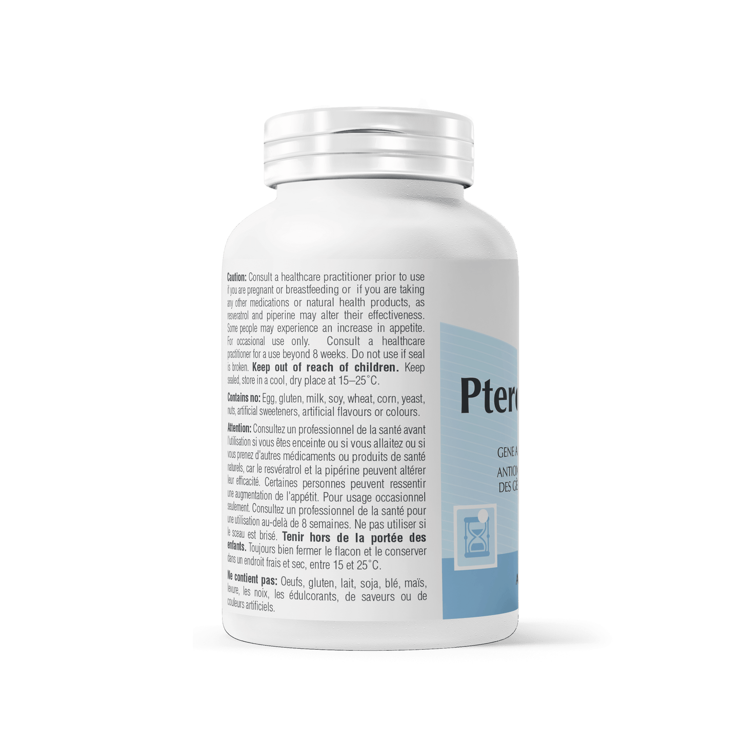 Pterostilbene Complex supplement bottle showcasing synergistic antioxidants and bioavailability enhancing ingredients.