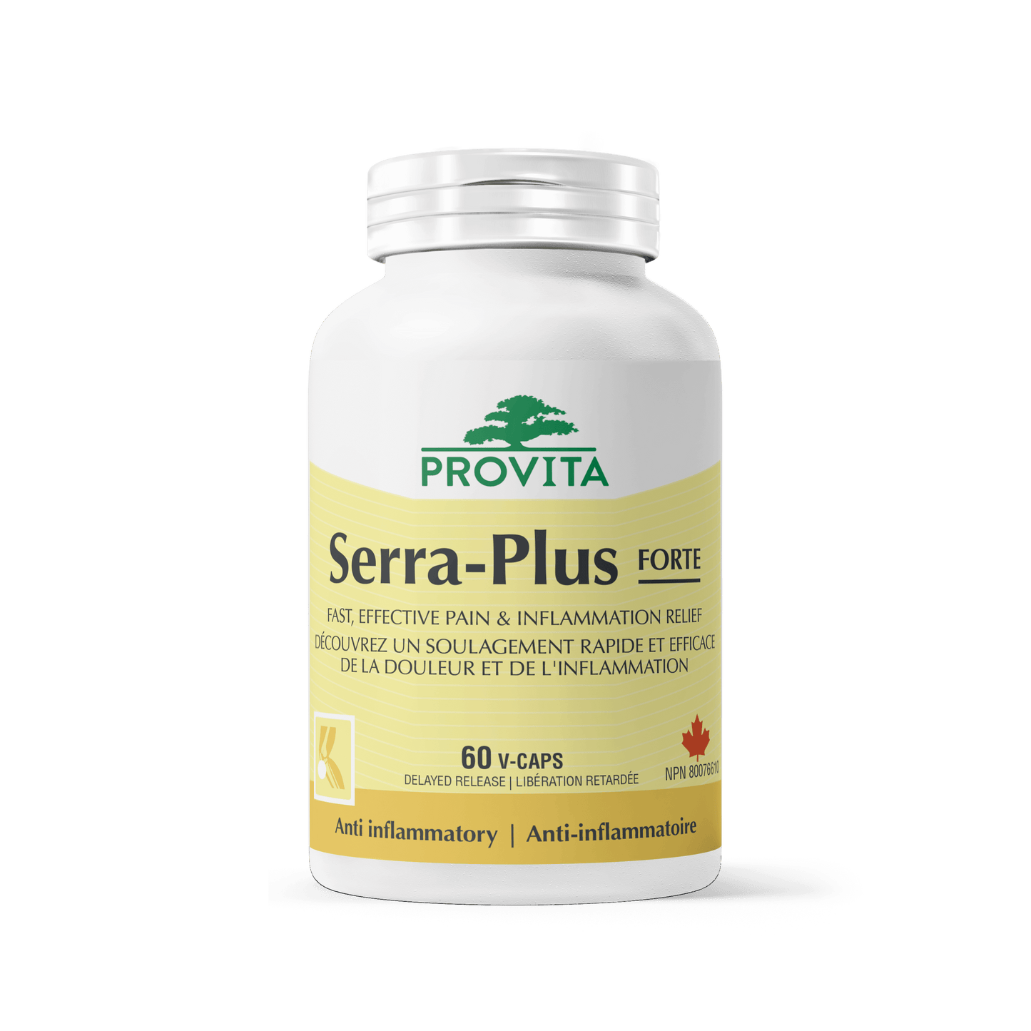 Serra-Plus bottle for fast acting pain and inflammation relief with anti-inflammatory properties.