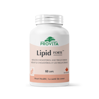 Lipid Forte supplement bottle for reducing cholesterol and triglycerides, promoting heart health, 60 capsules.