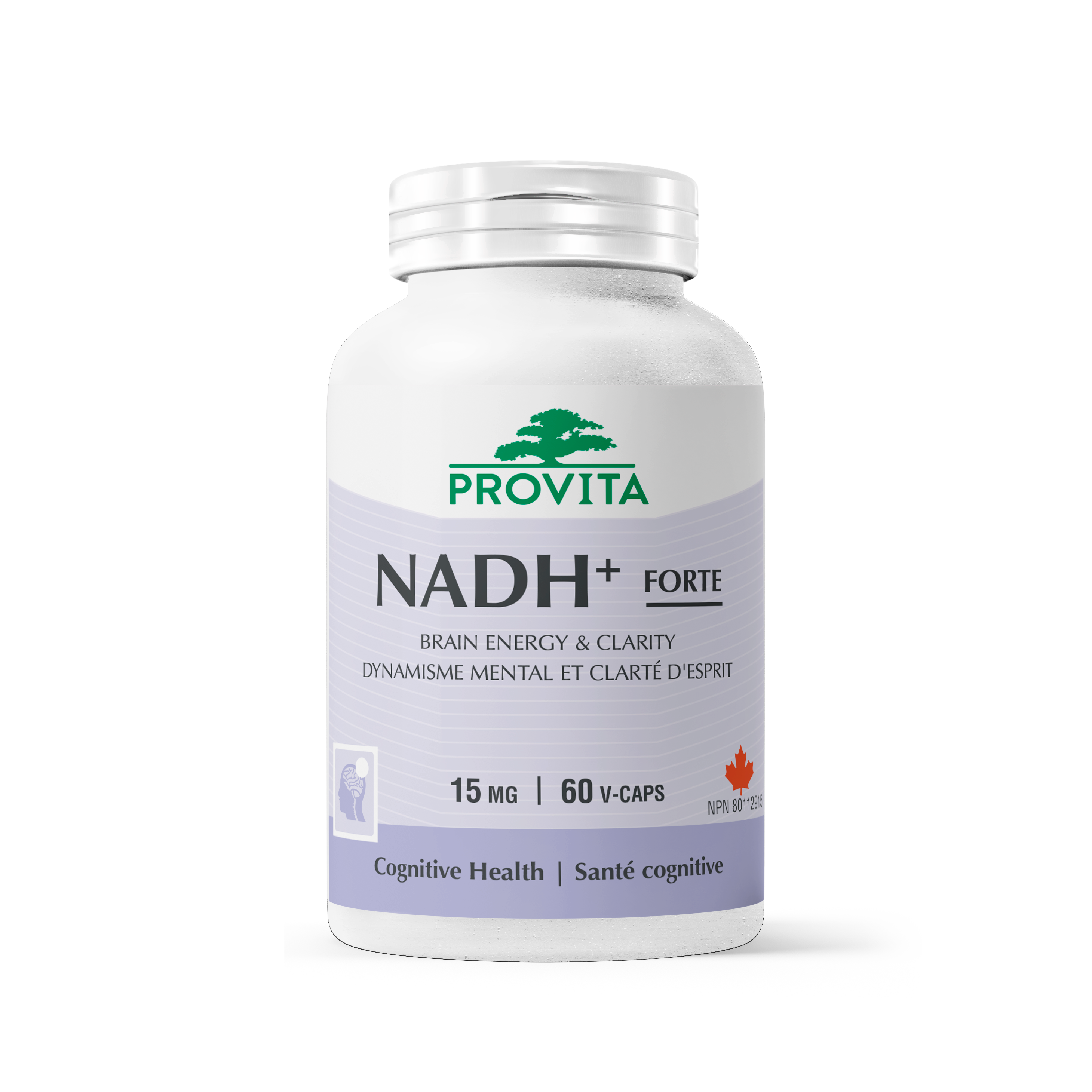NADH+ Forte supplement bottle for increased brain energy and improved memory, featuring 15 mg in 60 v-caps.